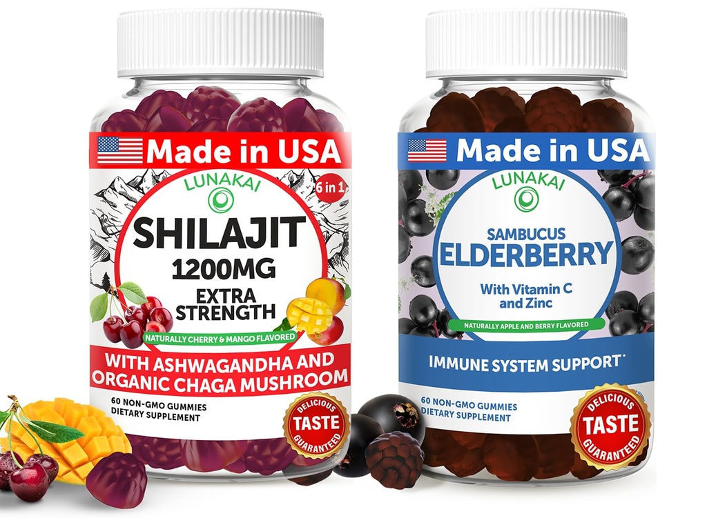 Lunakai USA Made Shilajit & Elderberry Gummies Bundle – Energy and Immune Support – Non-OGM & Delicious