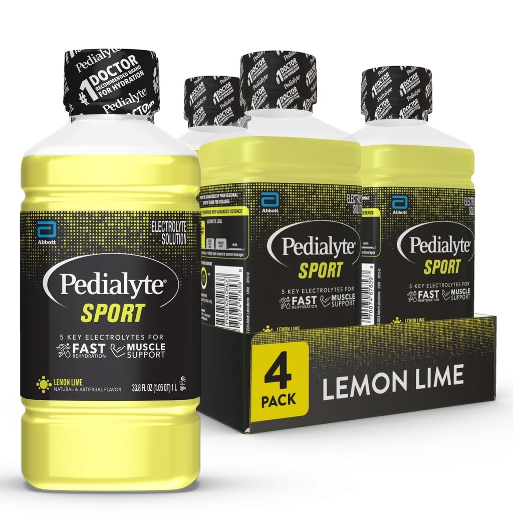 Pedialyte Sport Elektrolyt-Getränk, schnelle Hydration mit 5 Schlüsselelektrolyten für Muskelunterstützung vor, während, & nach Übung, Zitronenlime, 1 Liter, Packung von 4