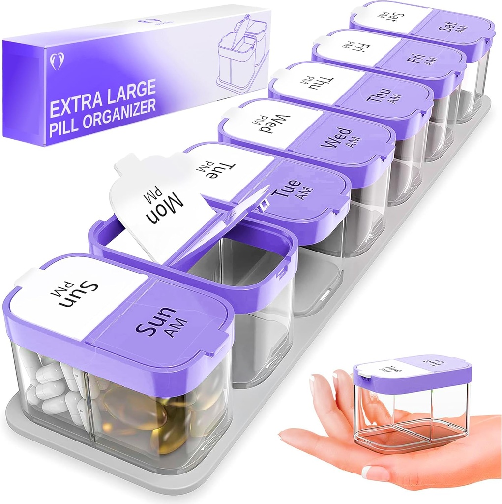 Extra Large Weekly Pill Organizer - XL Vitamin Holder con 7 Confronti STATABILI AM PM - Dispenser portatile per la casa e il viaggio, Big Supplement Container per uso settimanale o giornaliero, Viola