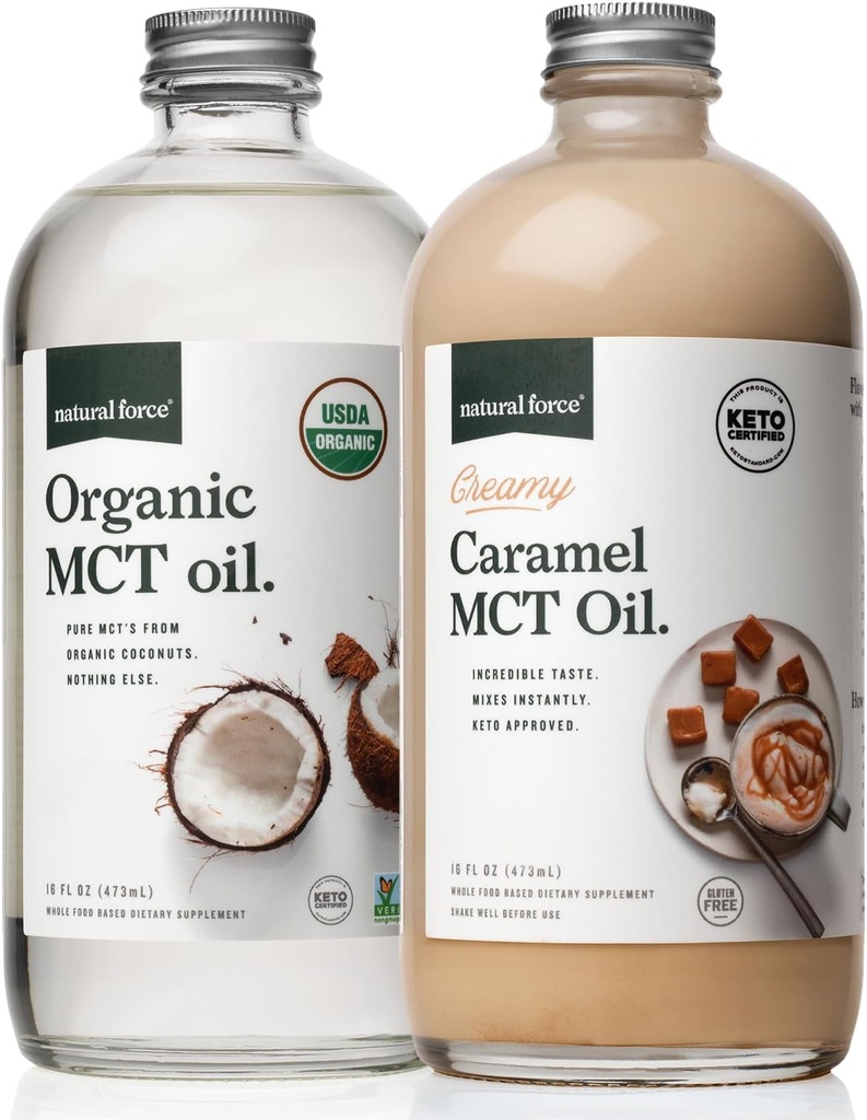 Natürliche Kraft Creamy Caramel MCT Öl + Bio Vollspektrum MCT Öl – Glutenfrei, Non GMO, 100% reine Kokosnuss MCT aus Bio-Kokos – Keto, Paleo und Vegan – 2x 16 Unze Glasflaschen