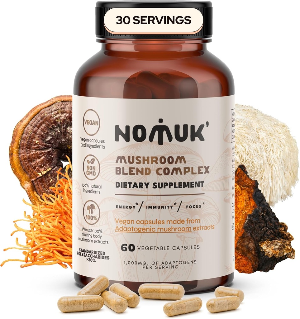 Mélange adaptogène d'extrait de champignons Lions Mane, Reishi, Cordyceps, Supplément Chaga, 60 Capsules.
