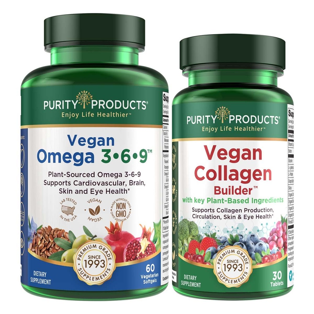 Prodotti di purezza Bundle - Vegan Omega 3-6-9 + Vegan Collagen Builder Omega 3-6-9 (“5 in 1” Plant-Based Omega Essential Fatty Acid) - Vegan Collagen Builder (w/Key Plant-Based Ingredients & More)