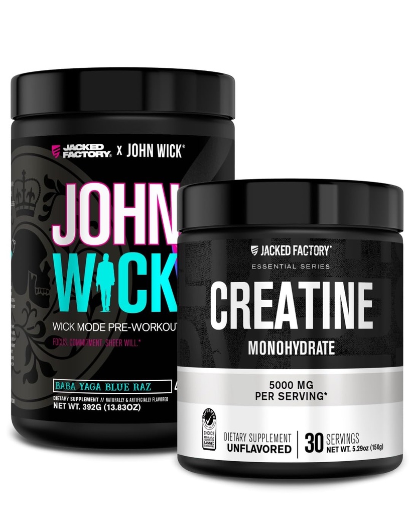 Jacked Factory X John Wick - Wick Mode Pre Workout Powder (Baba Yaga Blue Raz, 40 Servierungen) & Kreatin Monohydratpulver (Unflavored, 30 Servierungen)