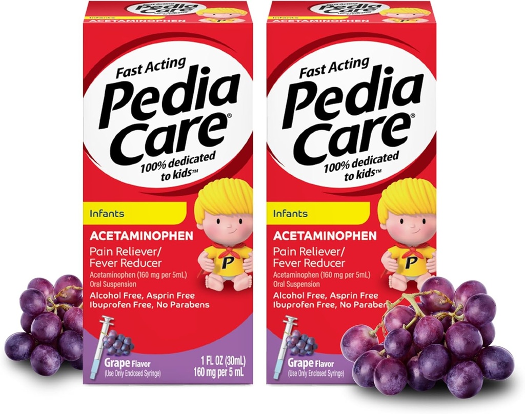 Infants Acetaminophen Oral Suspension Liquid, Fast-Acting Infant Pain Reliever/Fever Reducer with Easy-to-Use Syringe, Zero Alcohol or Aspirin or Ibuprofen, Grape Flavor, 1 fl oz (2 Pack)