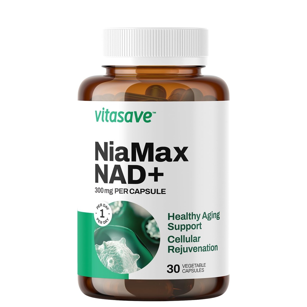 Supplément Vitasave NiaMax NAD+ – 300 mg de Riboside de Niacinamide par gélule – Précurseur NAD+ à haute puissance pour l'énergie, le vieillissement en santé et la fonction métabolique – végétalien, non-OGM, sans gluten (30 capsules)