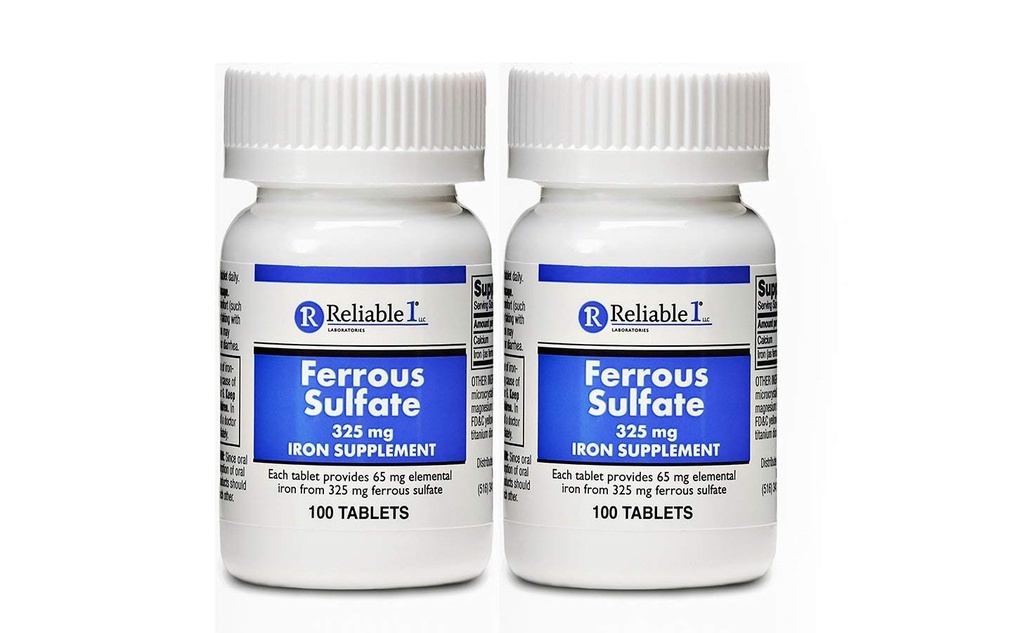 Ferroso Sulfate 325mg Ferro da stiro Supplemento (2-Pack) | Pillole di ferro | 100 compresse di ferro per bottiglia, 2-Pack