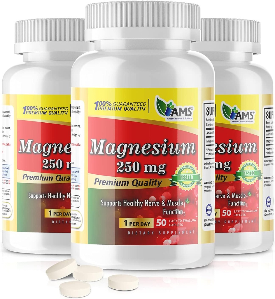 America Medic & Scienza Magnesio 250 mg (150 Caplets) | Confezione di 3 bottiglie | Magnesio Ossido Supplemento per gli uomini e le donne | Supporta la nervatura sana e funzioni muscolari | Migliora le prestazioni di esercizio