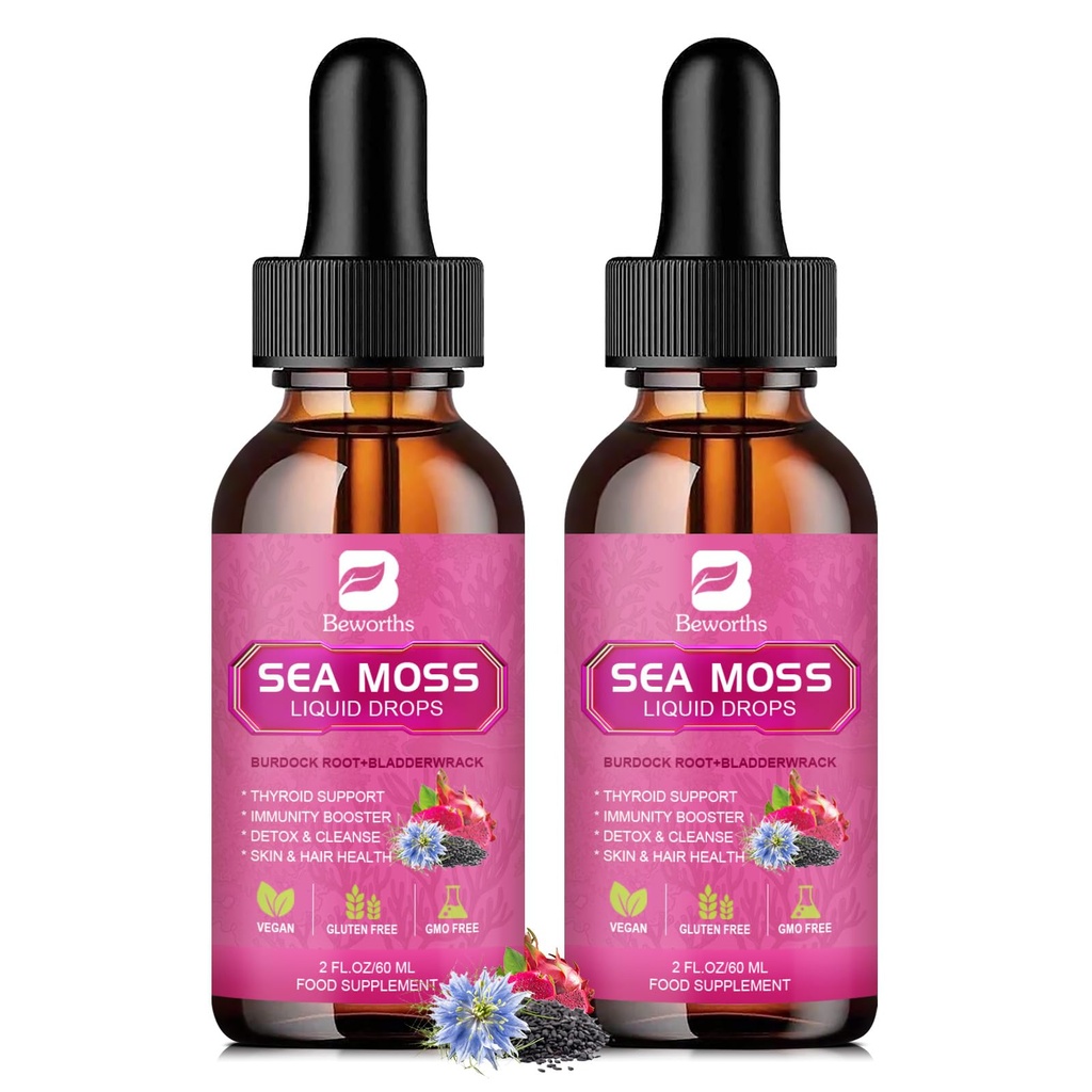 Gouttes liquides de mousse de mer - Huile de graines noires et gel de mousse de mer d'Irlande avec bardage racine Bladderwrack, Elderberry, Spirulina, supplément Seamoss pour booster d'énergie, santé digestive - 4 Fl Oz, Vegan