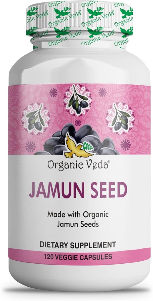 Organic Jamun Seed Capsules, Indian BlackBerry -100% Natural Jamun Seed Supplement - Eugenia Jambolana Capsules Promotes Soft Radiant Skin, Energy & Overall Health - US FDA Registriert - 120 Count