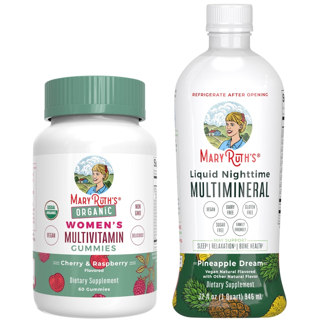 Gommies multivitamines de MaryRuth pour les femmes (Cherry & Raspberry) & liquide de nuit multiminéraux (Pineapple)