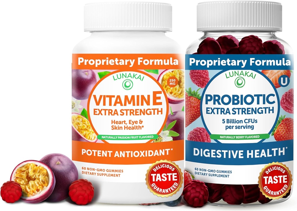 Lunakai Vitamin E und Probiotic Gummies Bundle - 3000 mcg Gummis für Erwachsene Energieunterstützung - mit 5 Billion CFUs pro Servierung für Verdauungsgesundheit - Non-GMO, All Natural