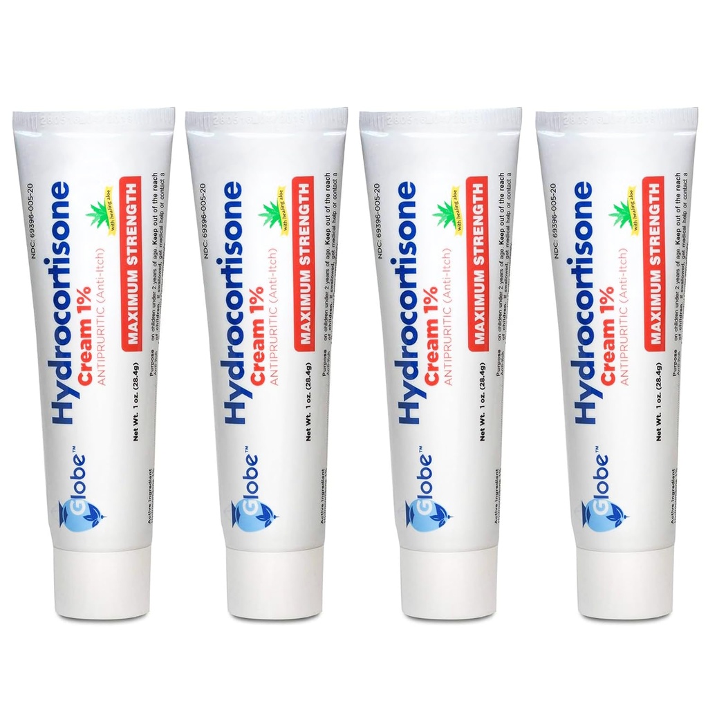 Globe (4 Pack) Hydrocortisone Crème anti-démangeaison maximale 1% p/Aloe, formule intensive pour rougeur, rash, Bug & Mosquito Bites, Eczéma, Hémorroïdes, Peau sensible, Démangeaison instantanée, 1 oz Tube