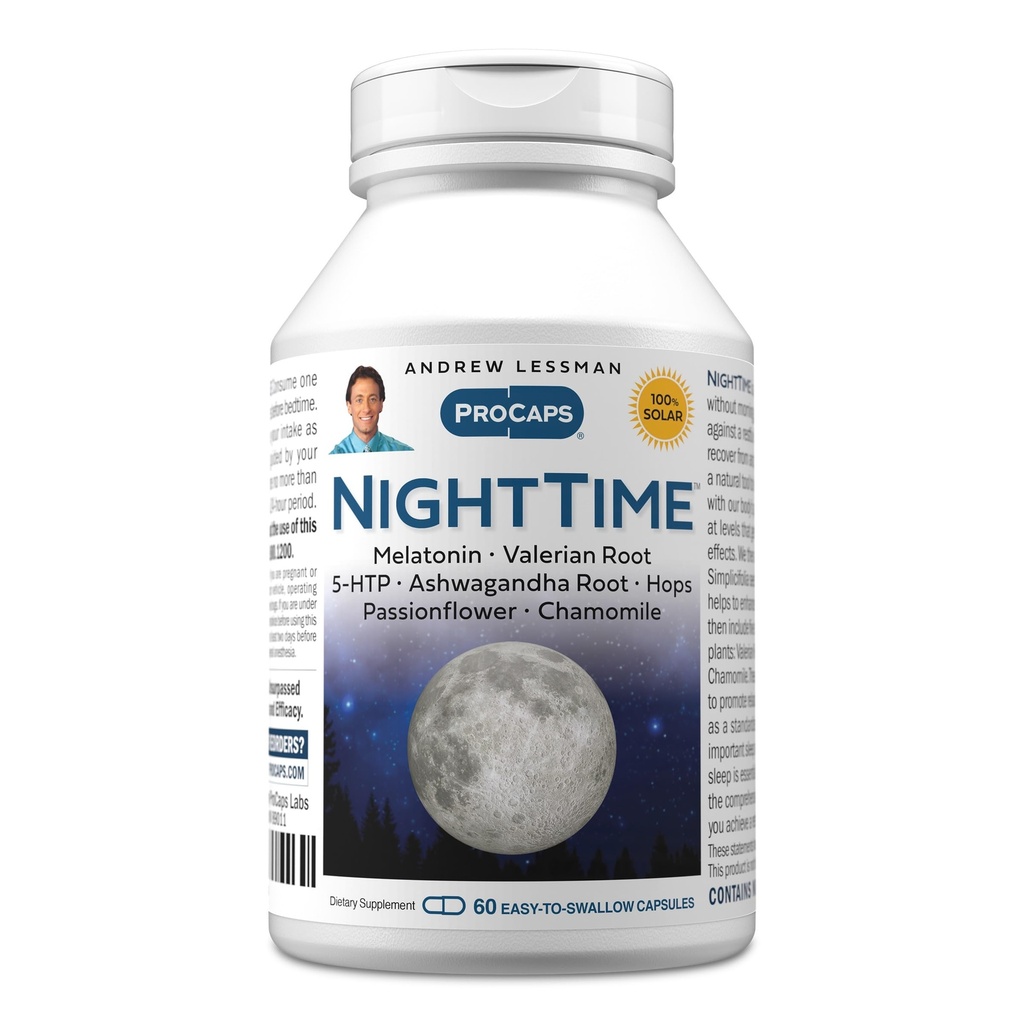 ANDREW LESSMAN Nachtzeit 60 Kapseln - 3mg Melatonin, Valerian, Ashwagandha, Passionflower, Hopfen, Kamille. Kein Morgen Grogginess. Natürliche Unterstützung, sanfter Ruheschlaf. Einfach zu Swallow Kapseln