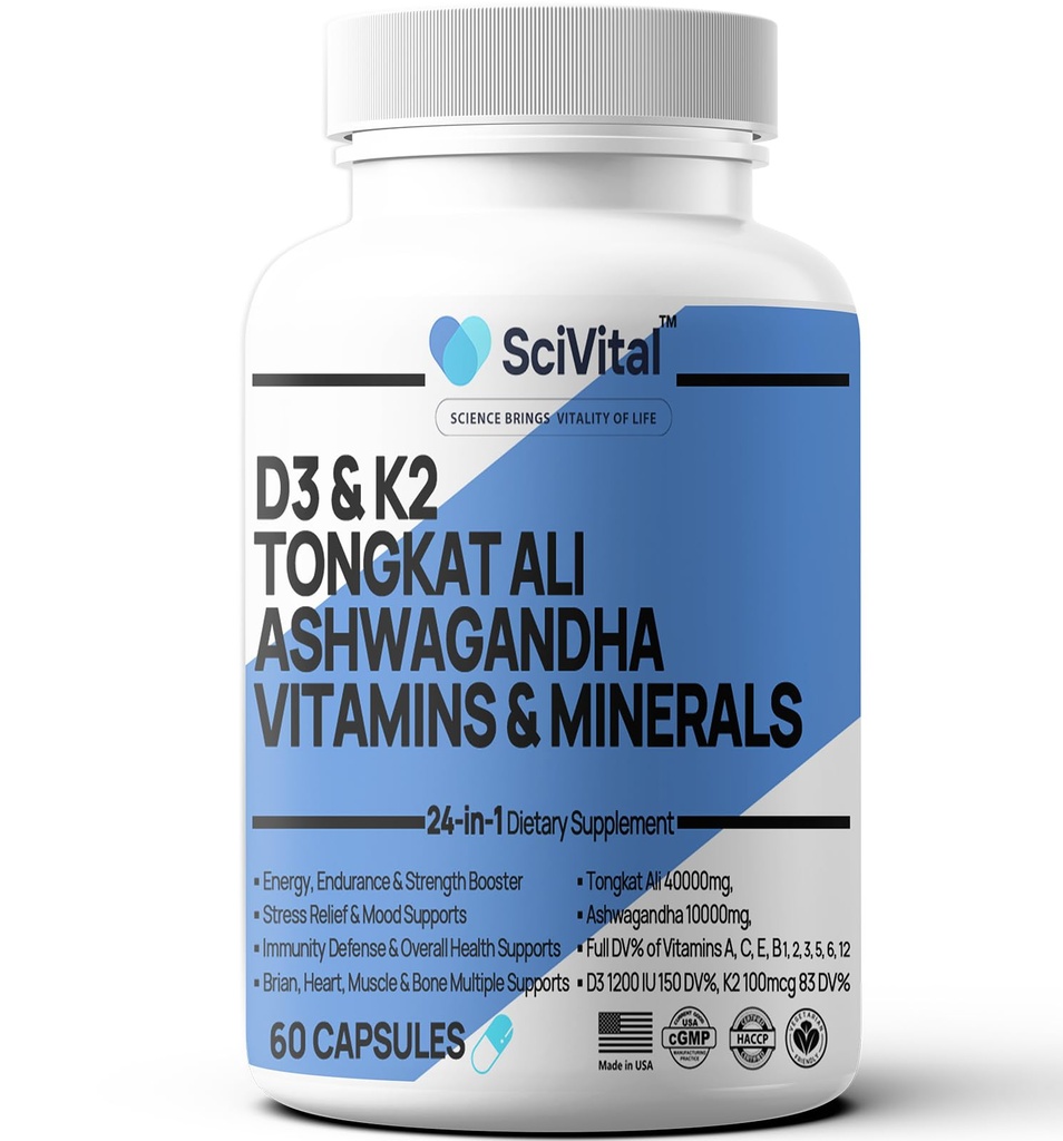 Ashwagandha 10000mg Tongkat Ali 40000mg Supplement mit Multivitamin D3 K2 - Men's Health & Stress, Stimmung, Energie, Endurance Support - Ashwagandha Capsules Tongkat Ali für Männer USA - 60 Count