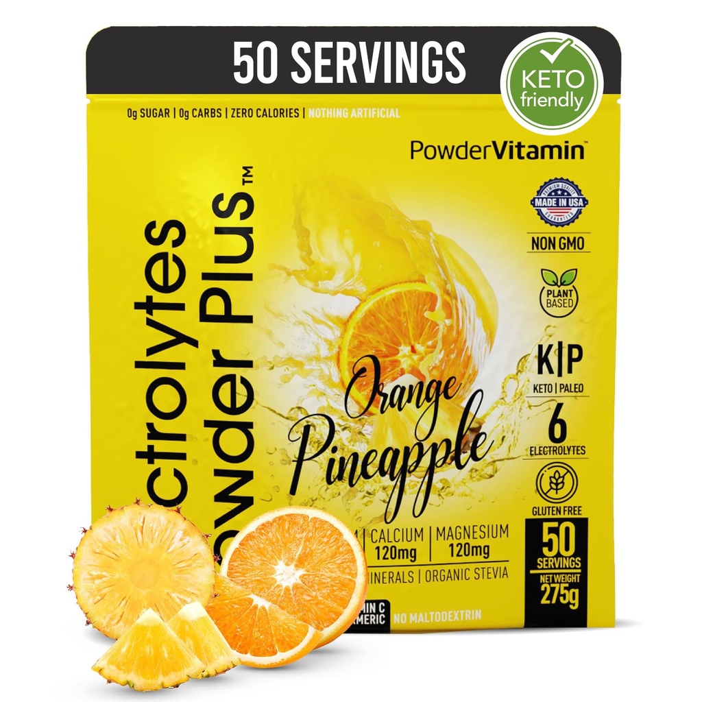 Elektrolyte Pulver Plus (50 Portionen), 0 Calorie Keto, 0 Zucker, kein Maltodextrin, 1000mg Kalium, 120mg Calcium, 120mg Magnesium, Hydration Pulver (50 Portionen, Orange Ananas)