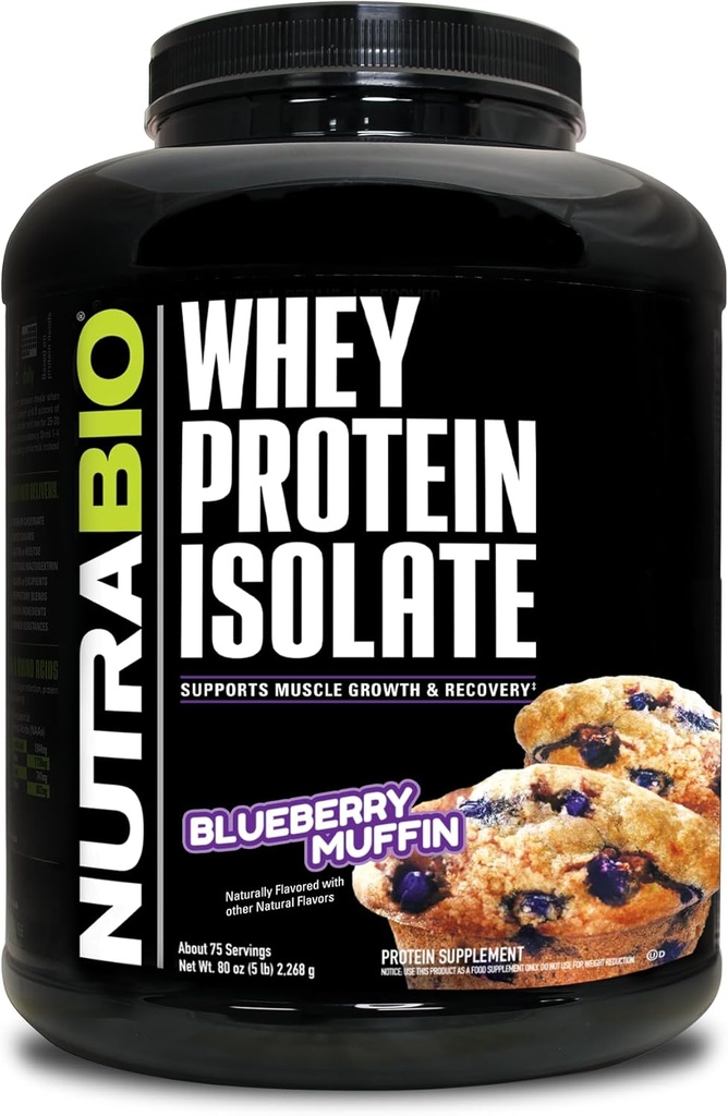 NutraBio 100% Whey Protein Isolate Protein Powder – 25g Protein mit vollständigem Aminosäureprofil, Non-GMO, Soy und Glutenfrei, Low Carb und Low Calorie Whey Protein Powder - Blueberry Muffin - 5 Lbs.