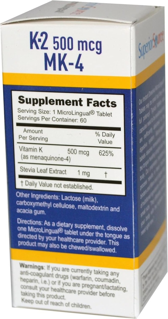 Superior Quelle Vitamin K-2 500 mcg (MK-4) 60 Sublingual Tablet