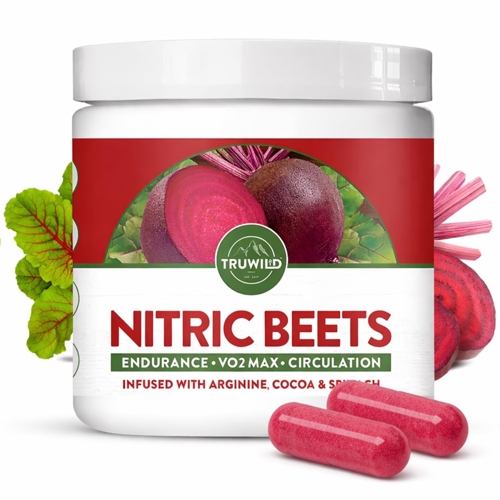 TruWild All Natural Beet Root Powder, Nitric Oxide Booster, 1000mg, Vegan Superfood Capsule Supplement, Beetroot Extract unterstützt Gesamtgesundheit, Leistung & Stamina, 30 Portionen