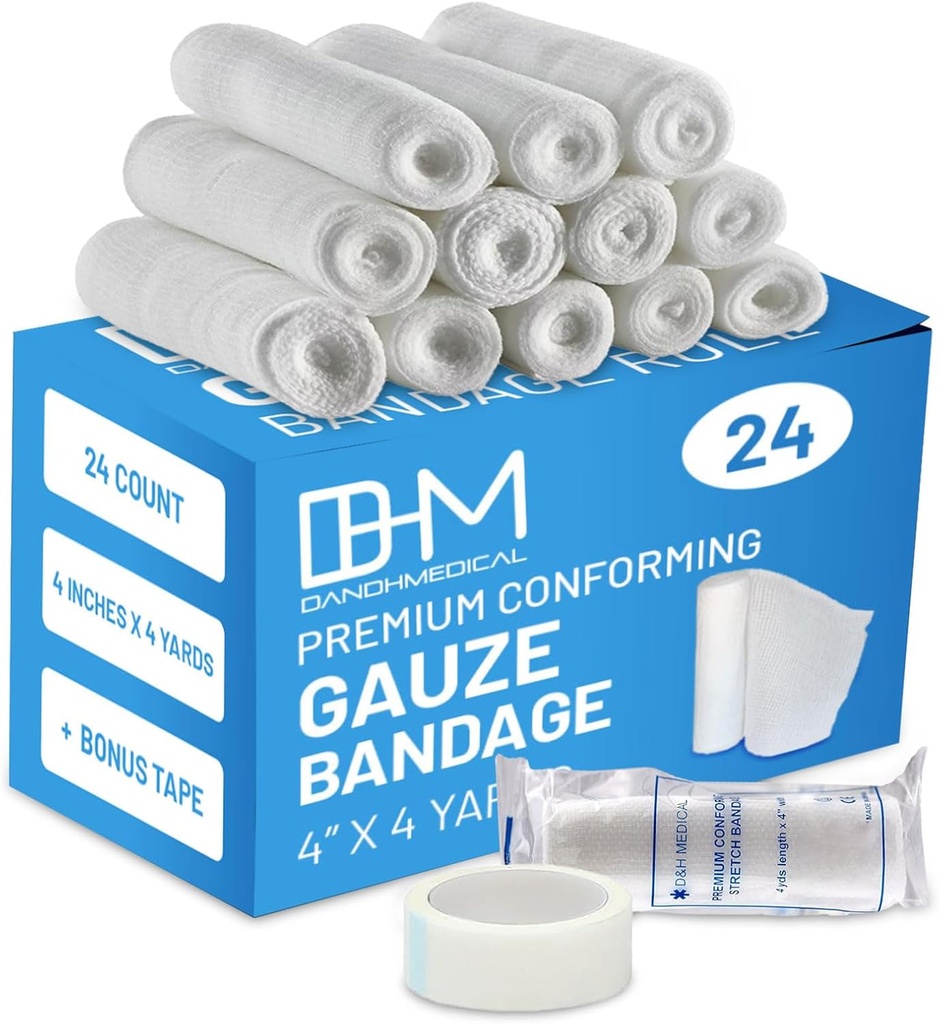 D&H Medical Pack von 24 Gauze Bandage Rolle 4 Zoll x 4 Yards - Medizinische Gauze Wrap für Wunds Pflege - Einfach zu bedienen Baumwolle Gauze Rollen für Hand Wrap Dressing Knöchel & Knie