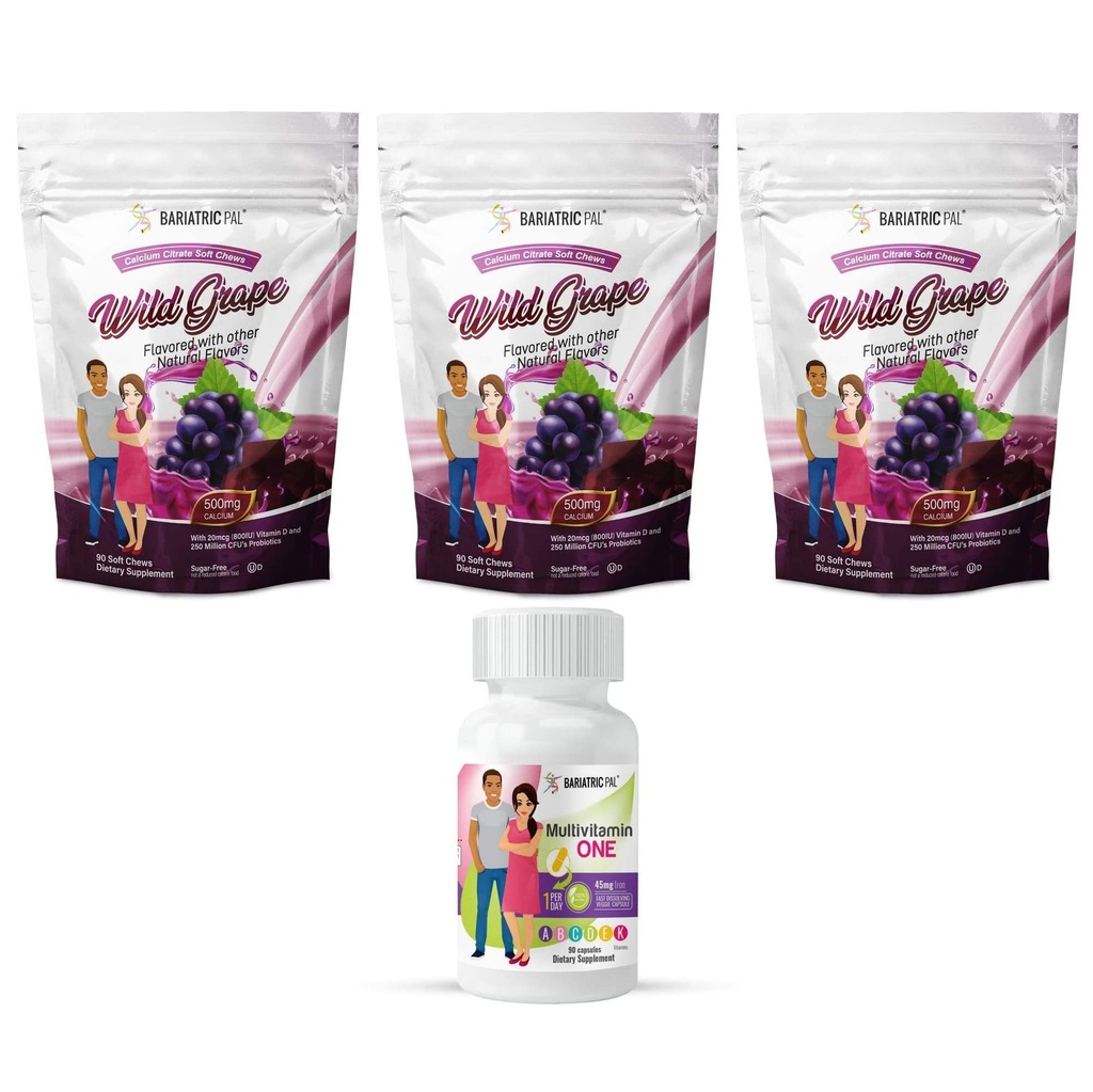 BariatricPal 90 jours Bariatric Vitamine Bundle (Multivamine ONE 1 par jour! Capsule avec 45 mg de fer et de citrate de calcium Mâches douces 500mg avec probiotiques - Raisin sauvage)