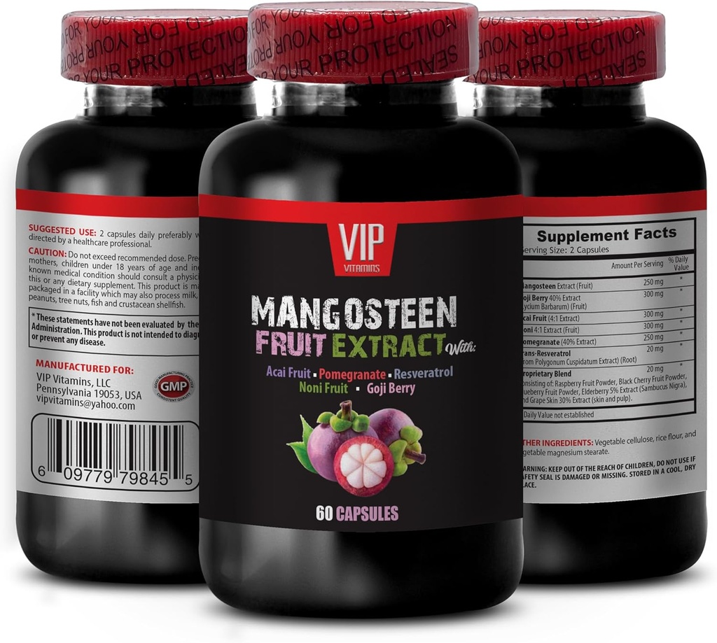 stimuler la puissance du cerveau et de la mémoire - EXTRAIT DE FRUIT MANGOSTEEN AVEC FRUIT ACAI, POMEGRANATE, RESVERATROL, NONI FRUIT, GOJI BERRY, compléments de mangosteen, suppléments antioxydants pour les femmes, 1 bouteille 60 capsules