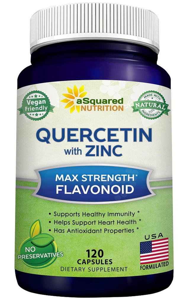 aSquared Nutrition Quercetin 1000mg avec supplément de zinc - 120 Capsules - Quercetin Dihydrate avec Black Elderberry & Zinc - Pilules complexes de poudre Max Strength pour aider à améliorer la réponse immunitaire
