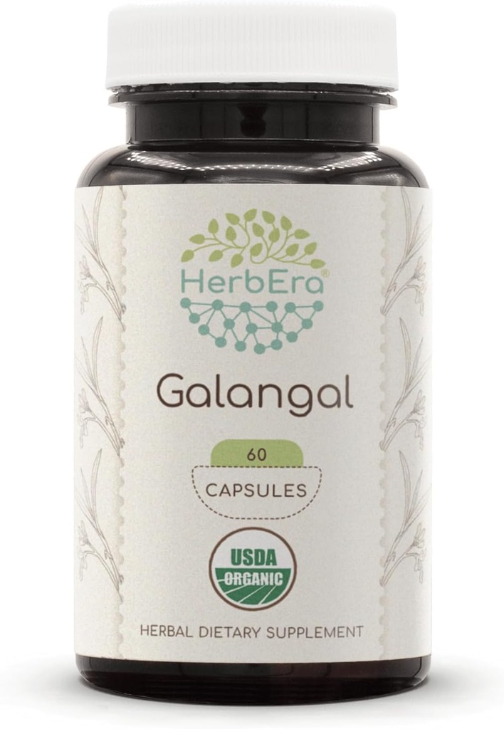HerbEra Galangal USDA Organic 60 Capsules de supplément naturel à base de plantes.