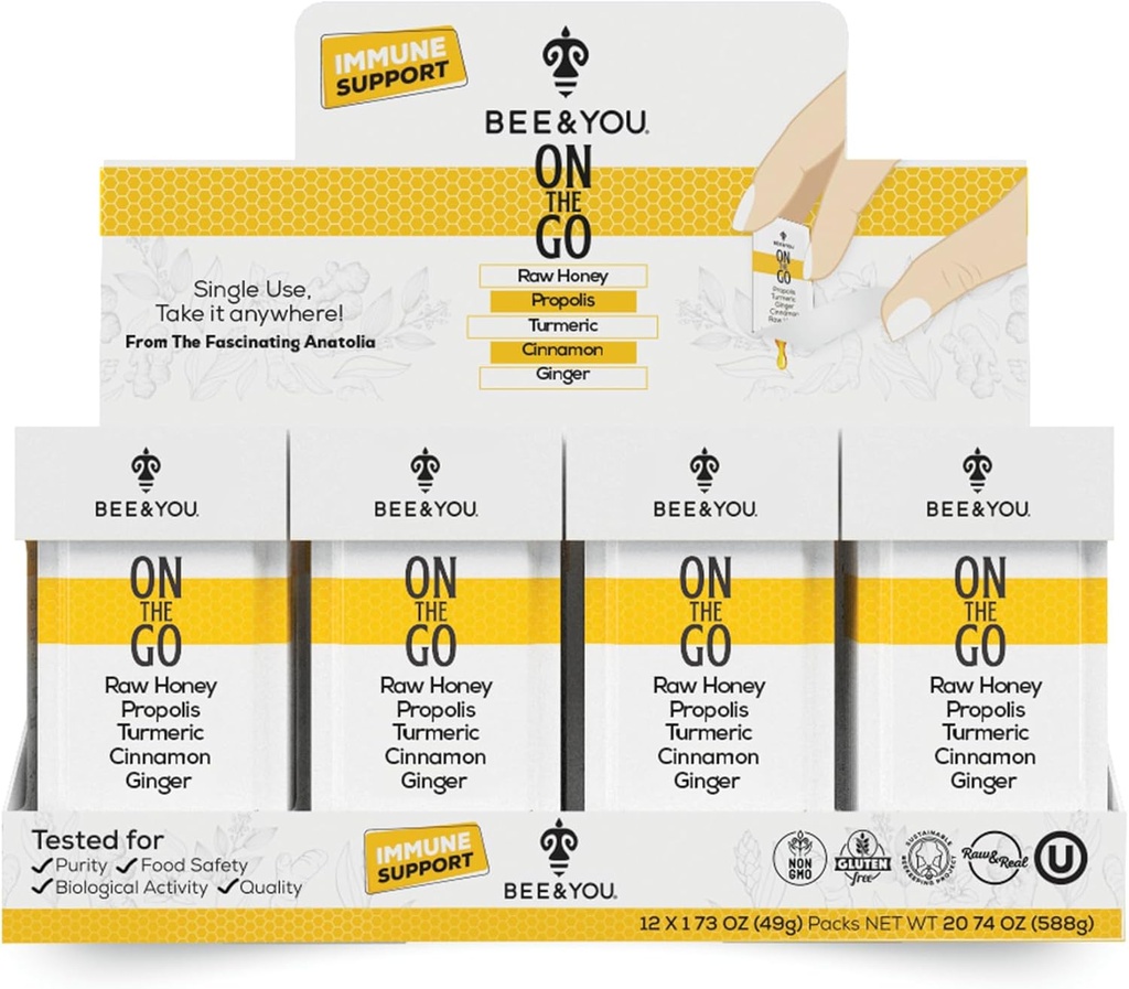 Biene und Sie auf dem Go, Immununterstützung Ergänzung, Raw Honey, Propolis, Turmeric, Cinnamon, Ginger, Superfrood, Große Verkostung, für Kinder und Erwachsene, 12 Pack, 1.73 oz Jeder