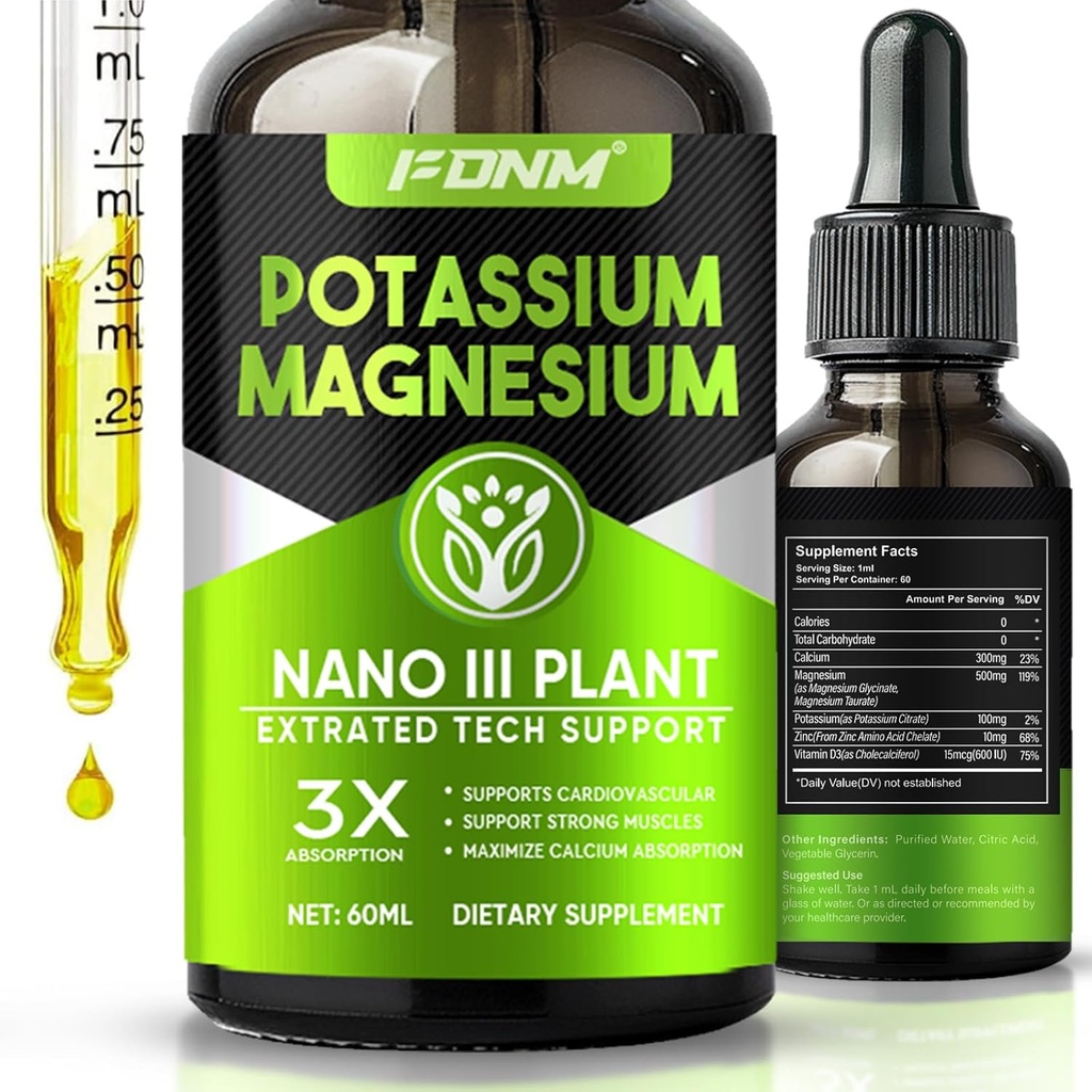 Potassio gocce di magnesio – 500mg Magnesio Supplemento di potassio, Supplemento ad alto assorbimento per ceppi di gambe, Bone e supporto immunitario con calcio, vitamina D3 e zinco