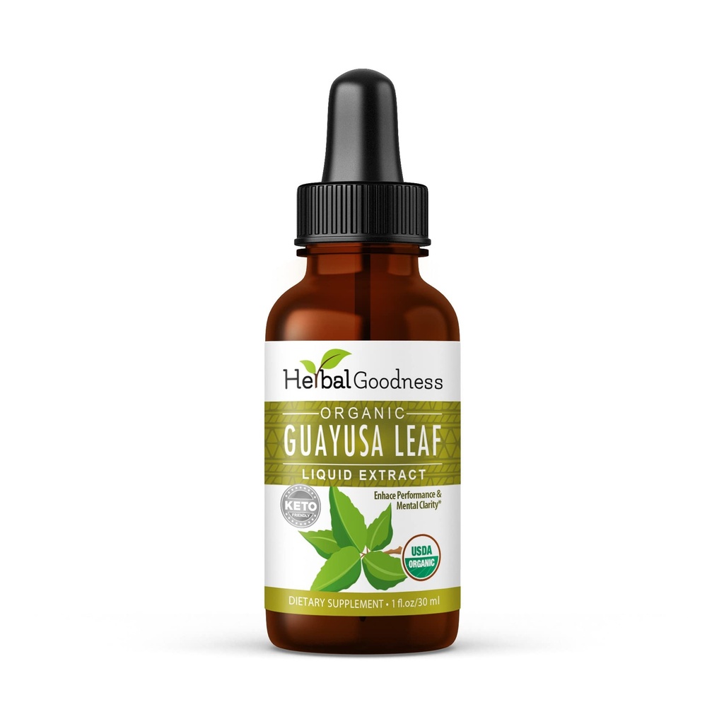 Guayusa Leaf Extract Brain Focus - Natural Caffeine Stamina Drink Energy Supplement, Coffee Alternative, Stress Relief - Organic Kosher 1oz Bottiglia - Herbal Goodness