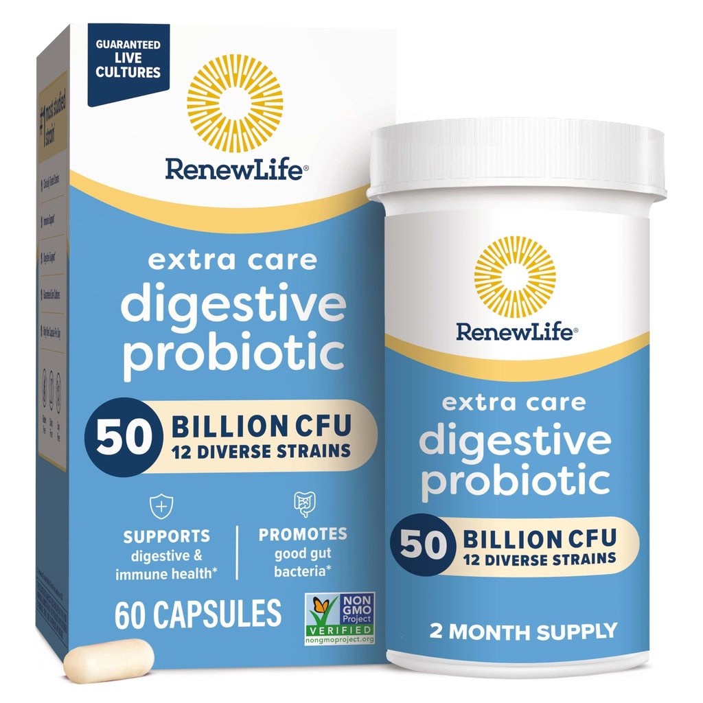 Renew Life Extra Care Digestive Probiotic Capsules, 50 Billion CFU Garantiert, Tägliche Ergänzung unterstützt Immun-, Verdauungs-, Atmungs-Gesundheit(1), L. Rhamnosus GG, Dairy, Soy und Gluten-Free, 60 Count