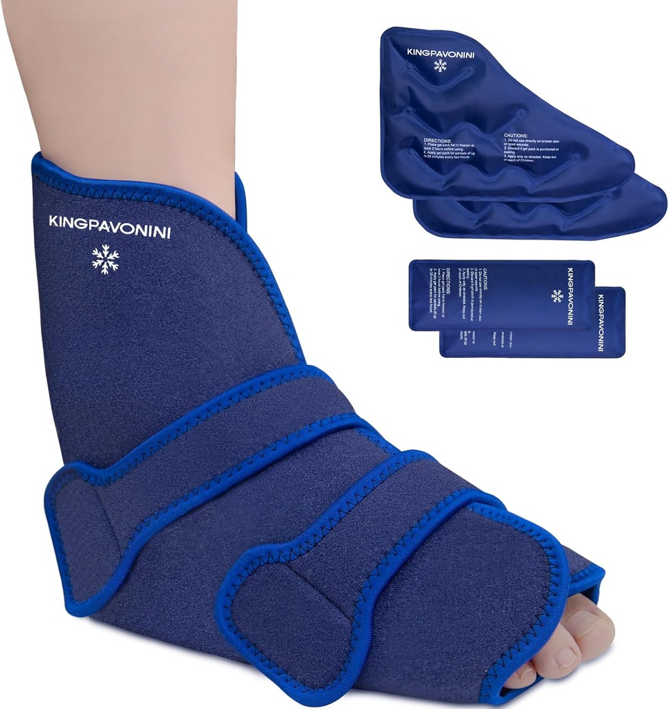 Enveloppe de glace de pied de cheville KingPavonini pour la récupération de la cheville éparse et de la chirurgie, packs de gel réutilisable pour les blessures aux pieds, fasciite plantarienne, tendonitis Achille, traitement chaud/froid (1 packs de gel Wrap+4)