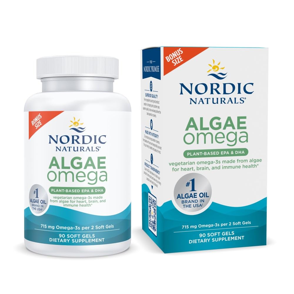 Nordic Naturals Algae Omega - 90 Gel Morbidi - 715 mg Omega-3 - Certificato Vegan Algae Oil - Plant-Based EPA & DHA - Cuore, occhio, Immune & Brain Health - Non-GMO - 45 Serving