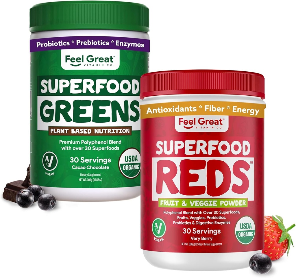 Sentire grande USDA Organic Reds & Super Greens Powder Combo (2-Pack) | Oltre 35+ Verdi, Frutta & verdura, Fibra, Probiotici & Enzimi Digestivi | 30 Serve