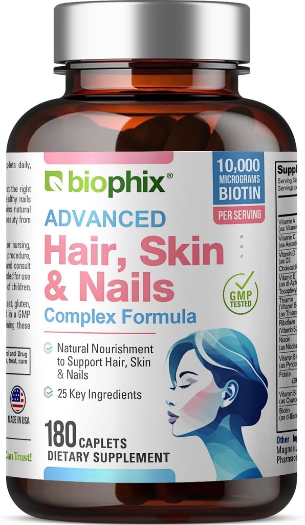 biophix Hair Skin and Nails Complex 180 Caplets mit 10.000 mcg Biotin - Multivitamin unterstützt starke Nägel Schönes Haar Gesundes Altern