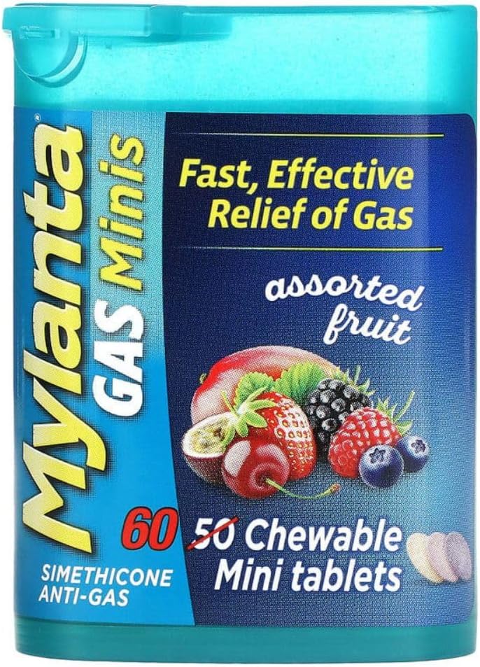 Comprimés de décompression de gaz Mylanta, Minis de gaz, Fruits assortis, 60 Compte (paquet de 1)