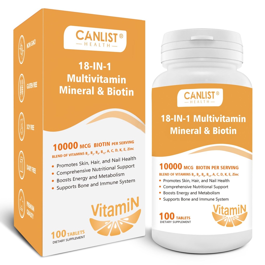 Hair Skin and Nails Multi-Vitamin für Männer & Frauen, 10000mcg Biotin & Multimineral, Enthält B-Vitamine, Vitamine C, E & D3, Trace Minerals, Zink, Gluten-Free, Dairy-Free, Soy-Free, 100 Tabletten