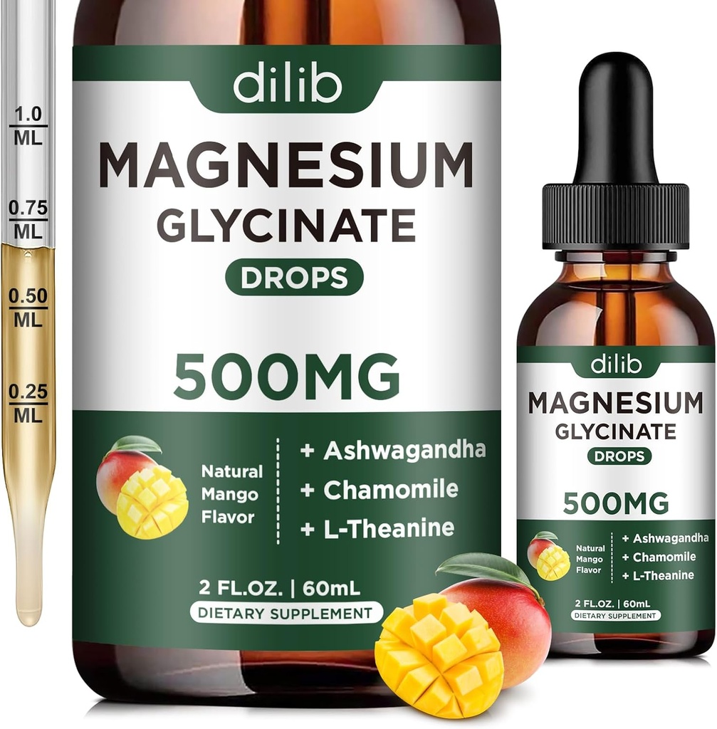 Magnesio Glycinate Supplemento, Magnesio Liquido Gocce con Magnesio Glycinate 500mg Ashwagandha, L - Theanine, Camomilla - Stress Relief, Bone, Muscolo, Mood Vegan Natural Mango Flavor
