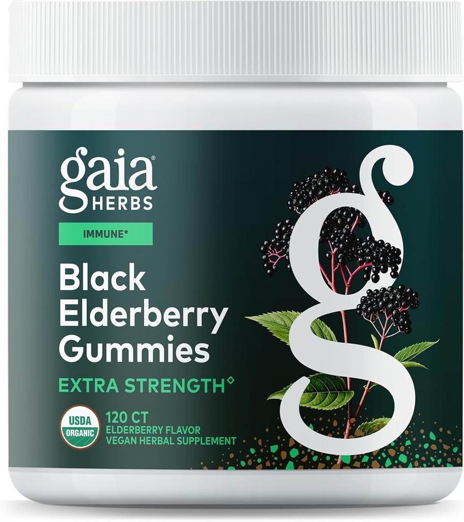 Gaia Herbs Black Elderberry (Sambucus nigra) Gommies Extra Strength - Delicious Immune Support Supplément* - Fabriqué avec des mûres noires certifiées biologiques pour le support du système immunitaire* - 120 Gommies