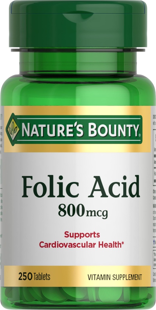 Integratore di acido folico di Bounty della natura, Supporta la salute cardiovascolare, 800mcg, 250 compresse
