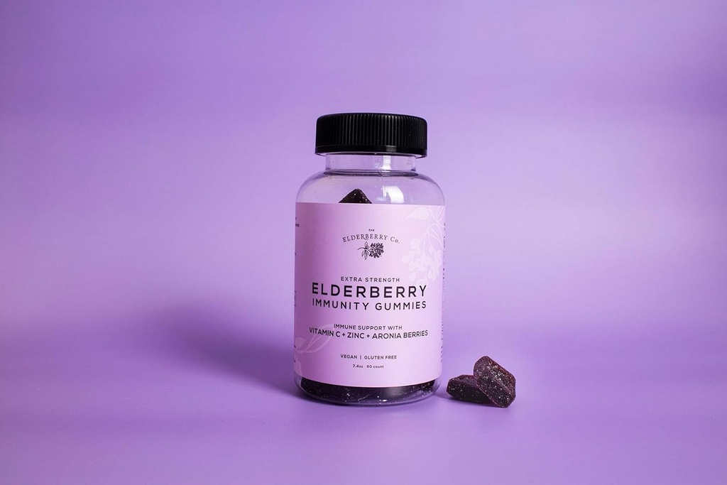 The Elderberry Co. Gommies extra-fortes de baies d'aronie + baies d'aronia avec vitamines C, D, E et zinc pour le soutien immunitaire tout naturel, sans ingrédients artificiels (60 comte)