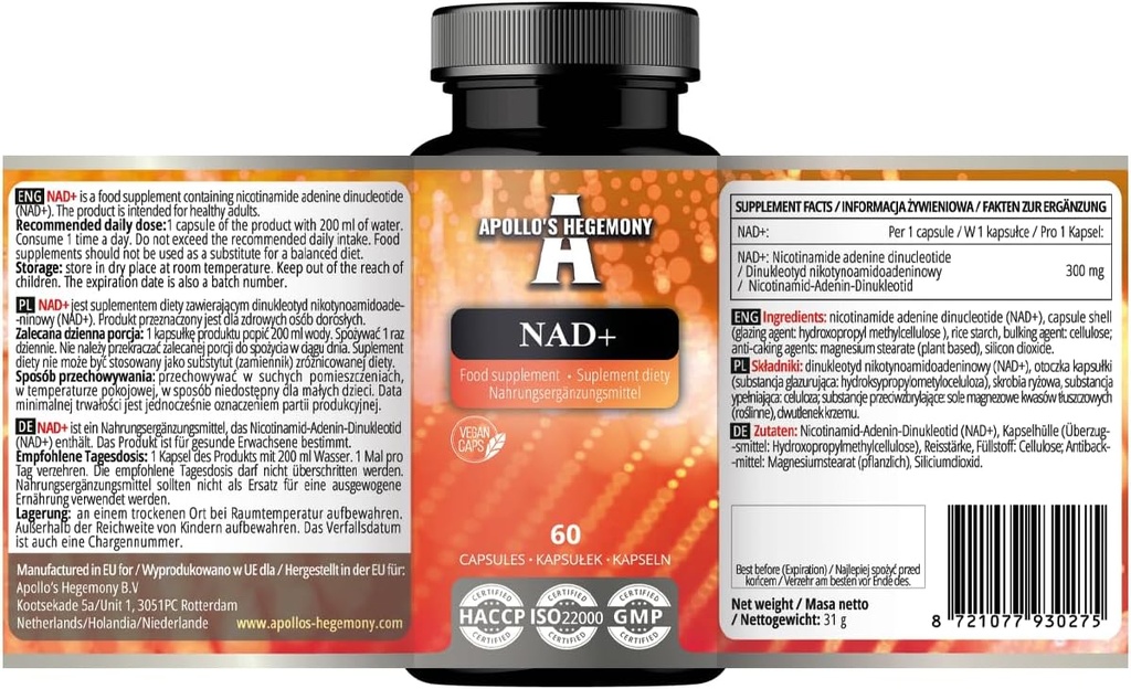 APOLLO'S HEGEMONY NAD+ 300 mg - Coenzymatic Form von Vitamin B3-60 Vegan Kapseln - 2 Monate Versorgung - Nicotinamid Adenine Dinukleotid Nahrungsergänzung