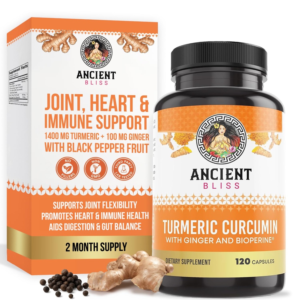 Curcumina curcuma con Ginger & Bioperine, curcumina curcuma con pepe nero e radice di zenzero cruda capsula supplemento di beatitudine antica (120 capsule)