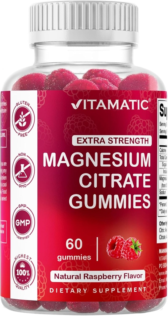 Vitamatic Extra Forza Magnesio Gummies – 255 mg Magnesio Elementale per Serving – 60 Gummies (2-Pack) Supporta Rilassamento, Funzione Muscolare, Salute e Energia di Bone – Vegan, Non OGM, Senza Glutine