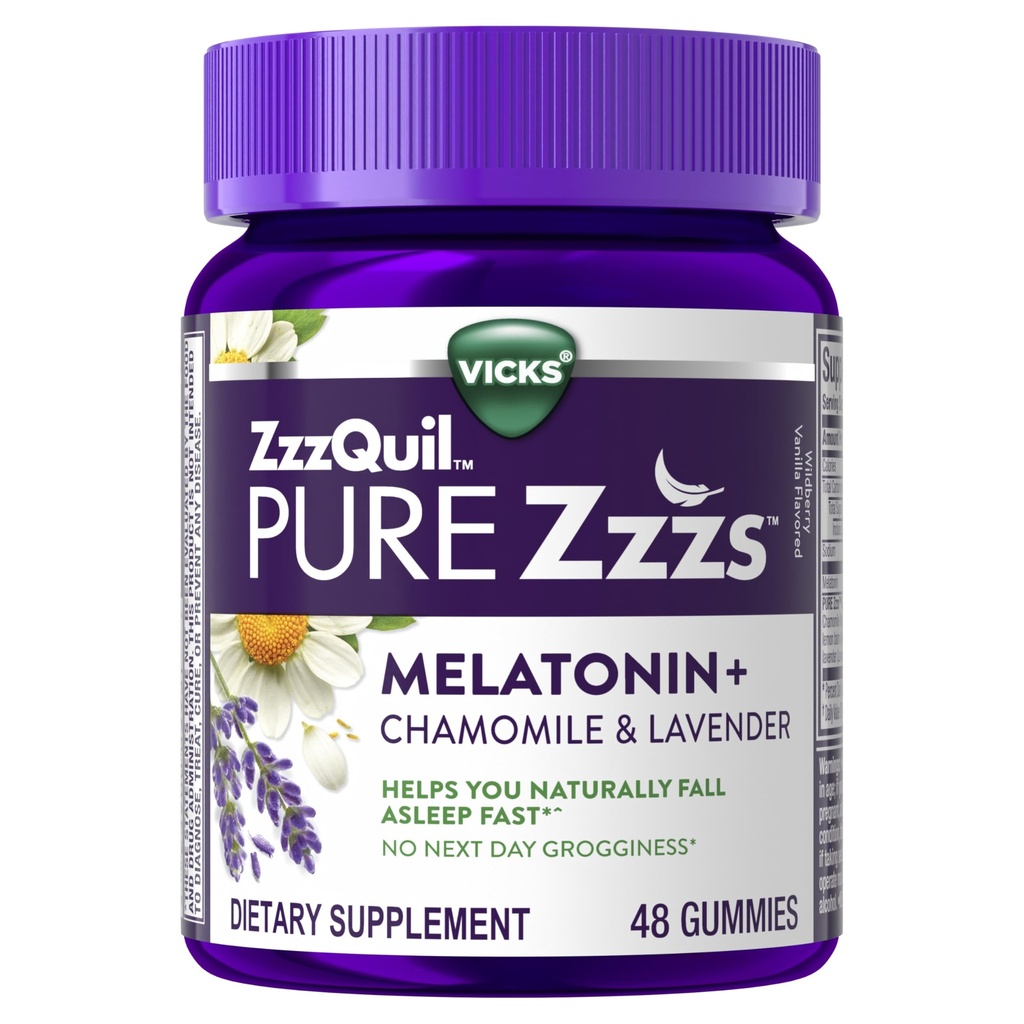 ZzzQuil Pure Zzzs Melatonin Gummis, Schlafhilfe, Melatonin 2mg, mit Chamomile & Lavender, Melatonin Schlafgummis, Schlafhilfen für Erwachsene, Wildberry Vanilla Flavored, 48 Schlafgummis