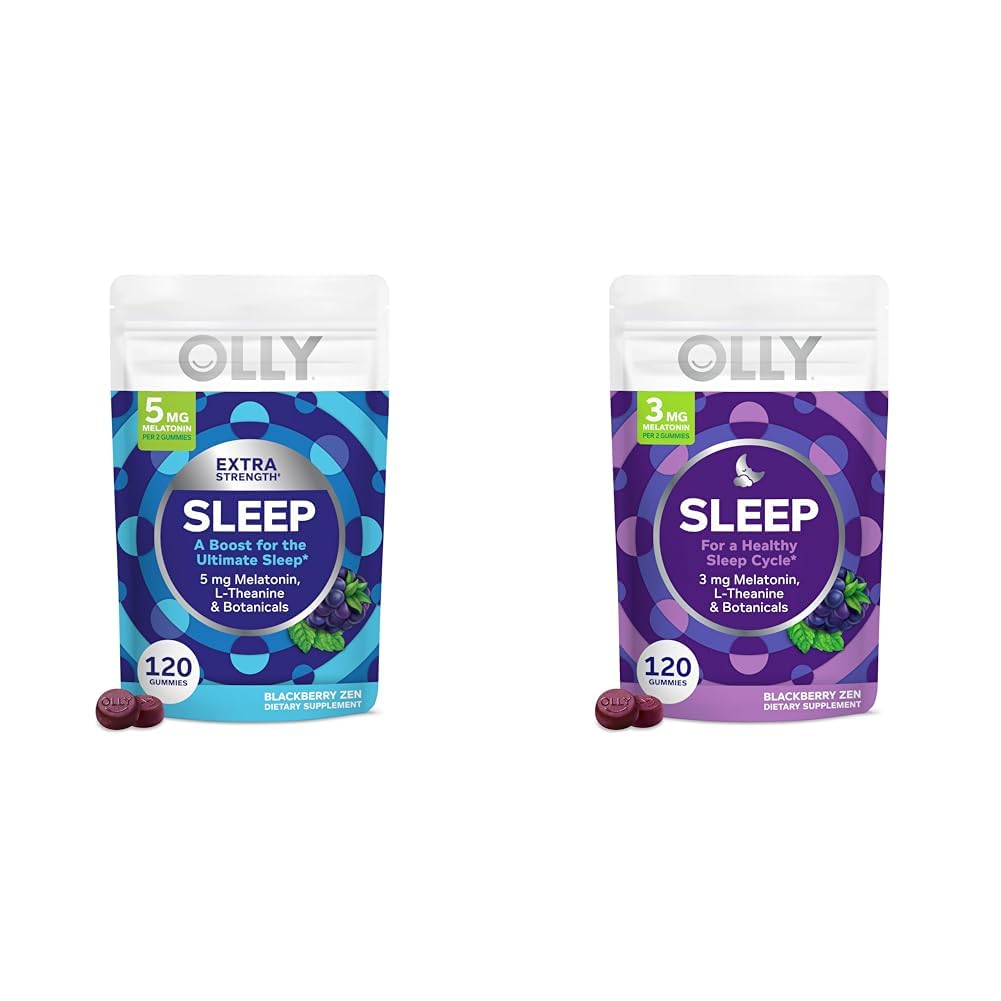 OLLY Extra Strength (5mg) & Regular Strength (3mg) Mélatonine Sleep Gummies avec L-Theanine, 120 Comte BlackBerry Flavor