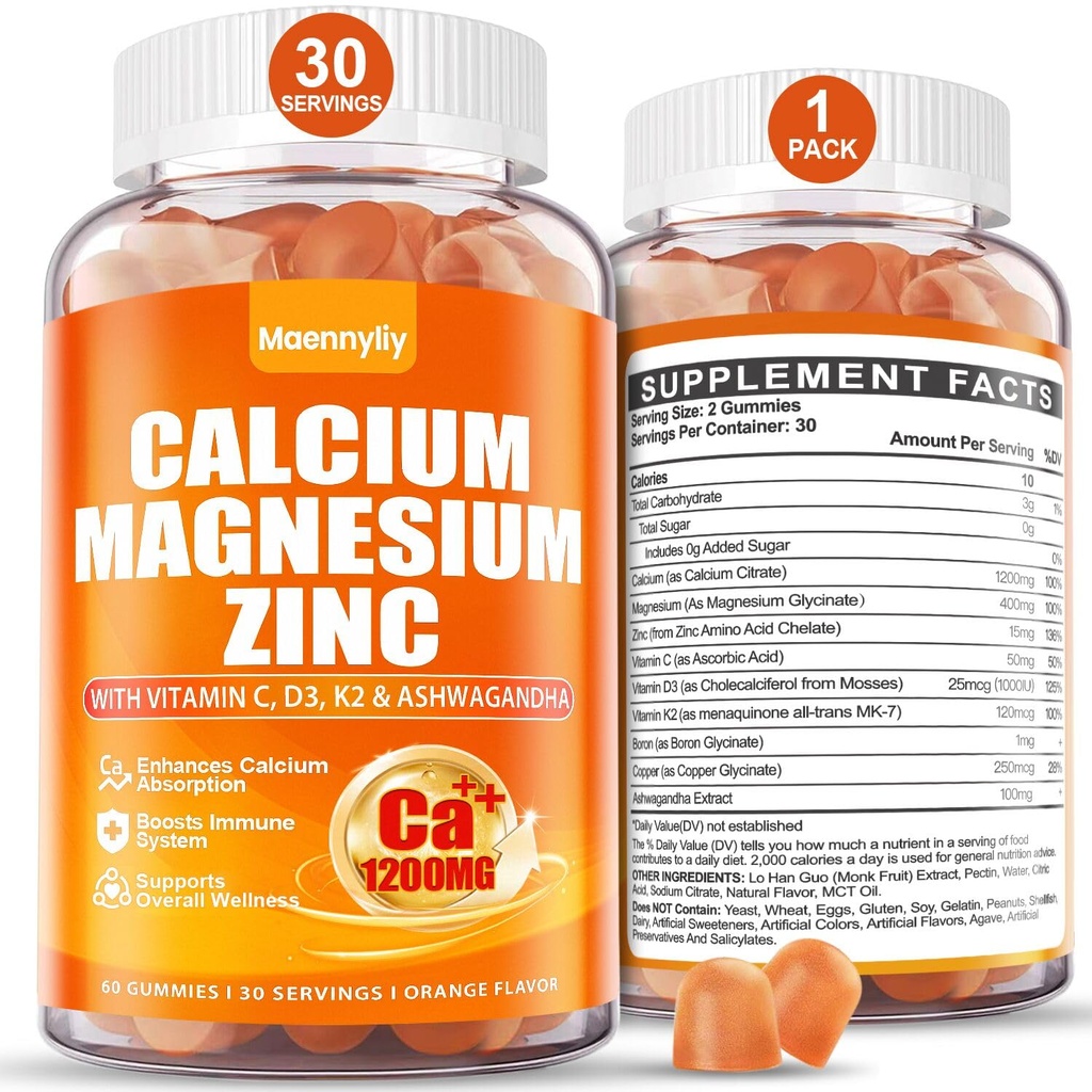 Calcium 1200 mg avec vitamine D3 Gummies pour adultes - Citrate de calcium avec vitamine D3 K2, Magnésium, zinc, boron, cuivre et ashwagandha - Supplément de calcium extra absorption pour femmes hommes