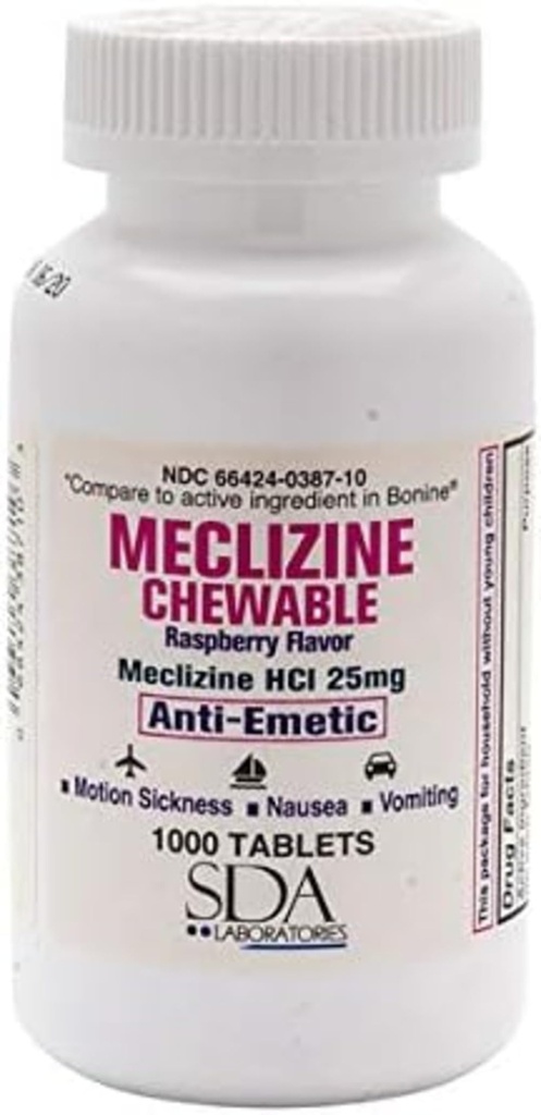 LABORATOIRES DE SDA Meclizine Comprimés à croquer, 25mg, anti-émétique, framboise, maladie du mouvement et soulagement du vertige pour les nausées, les étourdissements et les vomissements, 1000 Nombre (1 paquet)