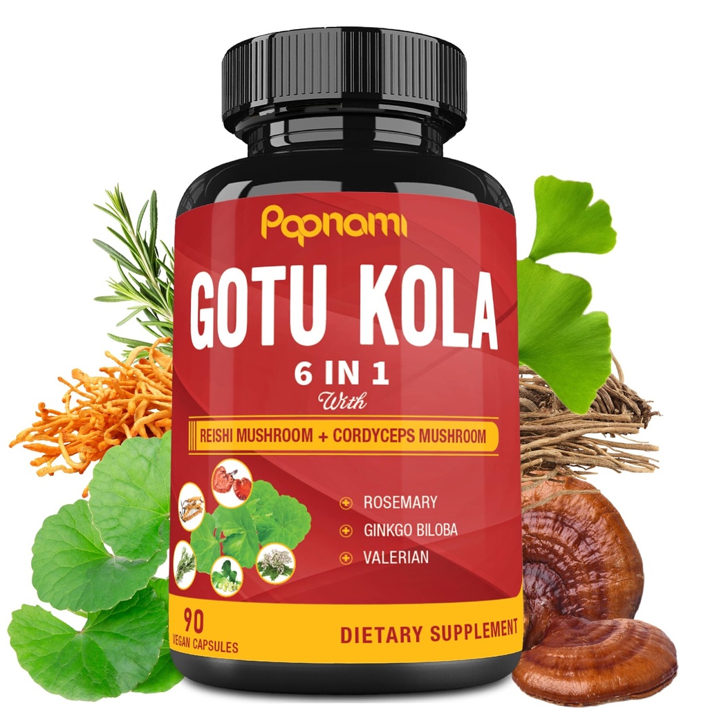 Bio Gotu Kola Extrakt Kapseln mit Reishi, Cordyceps, Rosmarin, Gingko Biloba & Valerian Root - 90 Zähler für 3 Monate - Unterstützt Gehirn, Immunität, Haut und Herzgesundheit