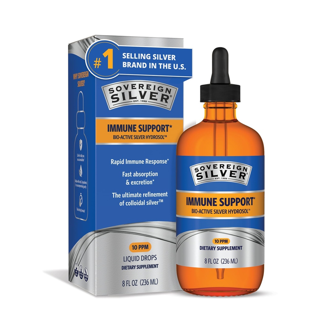 Sovereign Silver Immune Support - Kolloidal Silber, Bio-Active Silver Hydrosol, 10 ppm, Liquid Dropper, 8 Fl Oz, (236 mL)